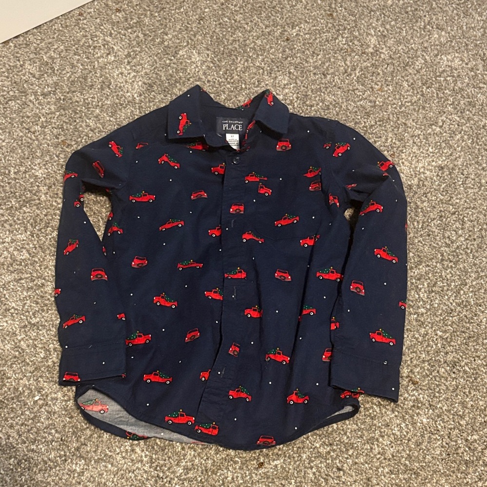 The Children's Place Navy Shirt with Red Car Pattern- Christmas shirt